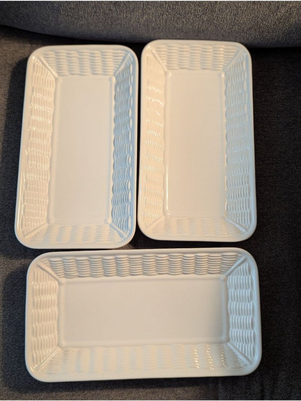 Three Pfaltzgraff Aura Pink White Embossed Basket Weave Bread Serving Dishes